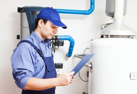 Plumber inspecting a water heater